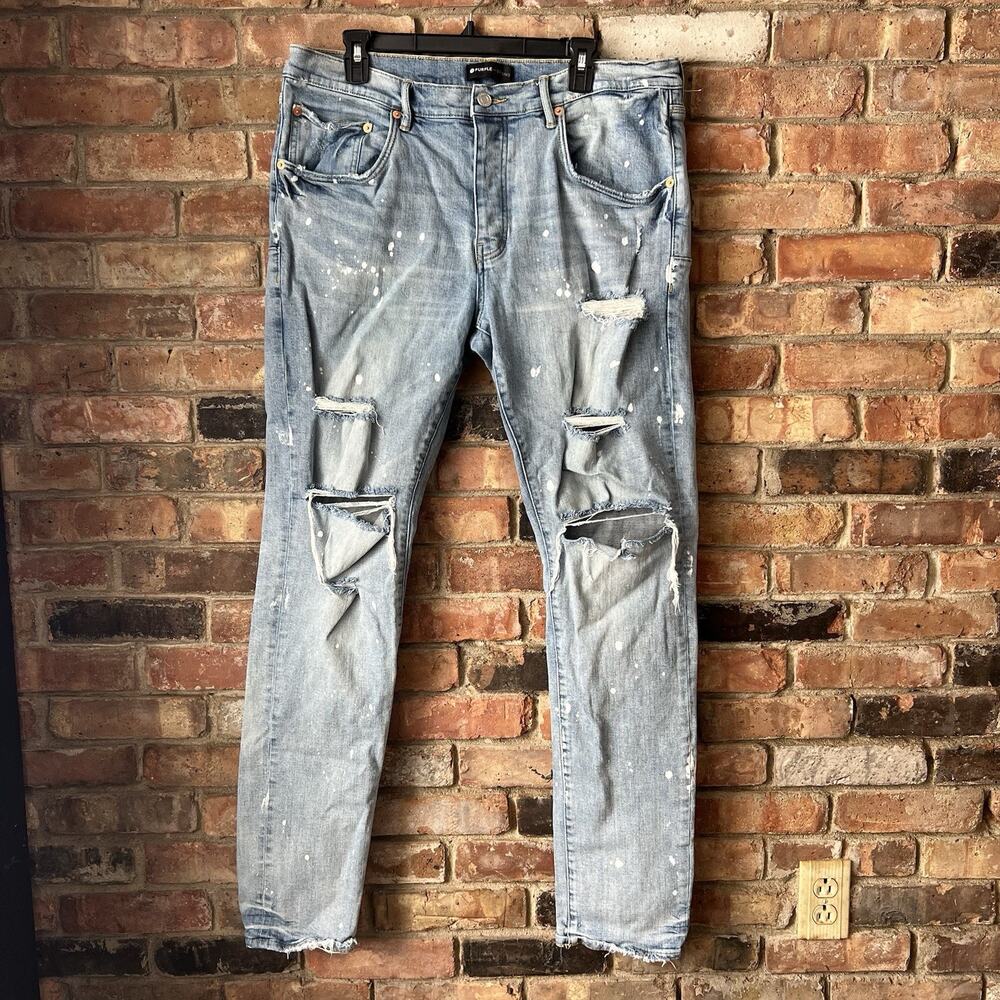 Purple Brand Size 38 Style P001 Slim Leg Button Fly Denim Paint Distressed Jeans